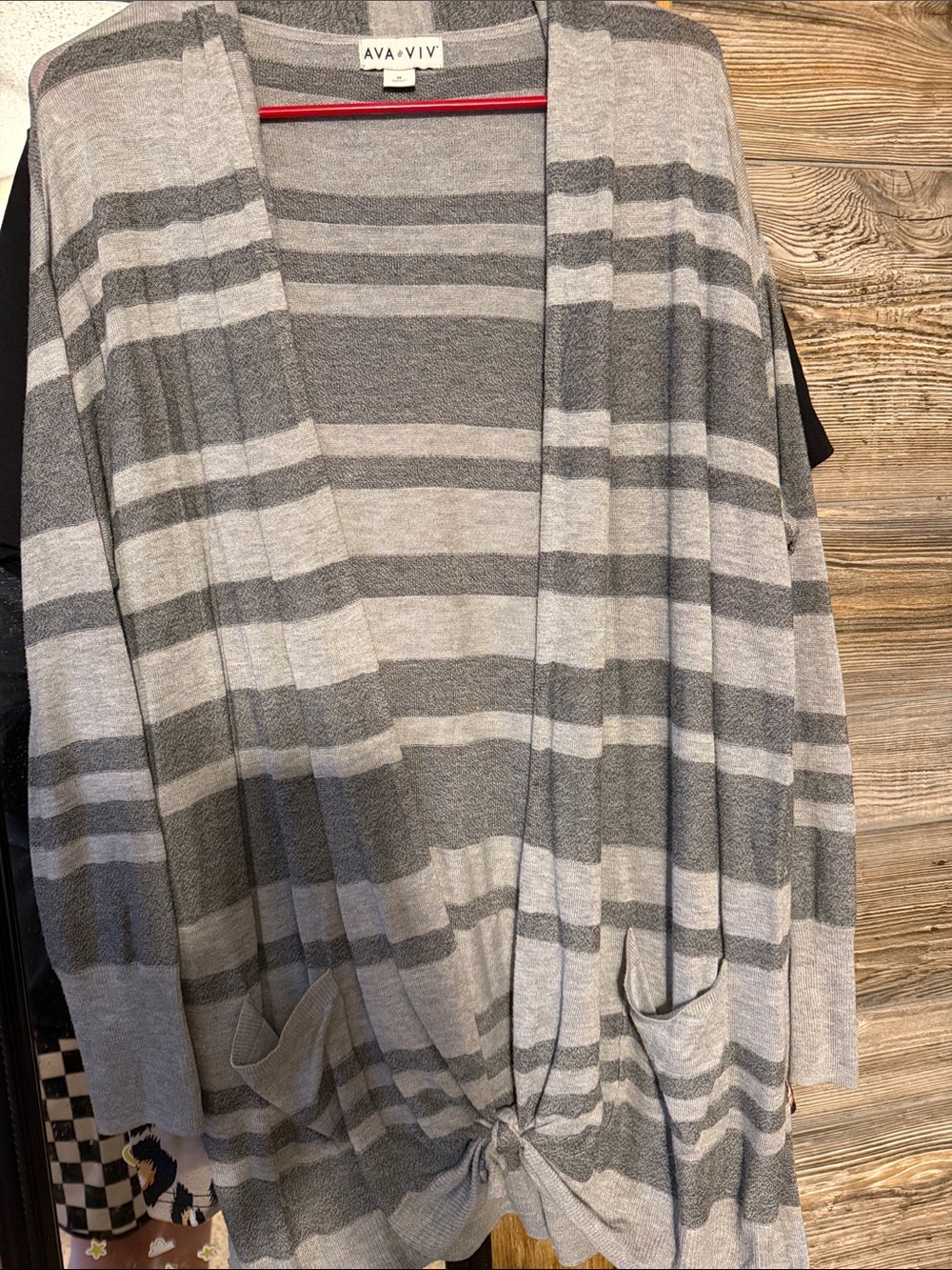 Ava & Viv Gray Striped Open Tie-Front Cardigan